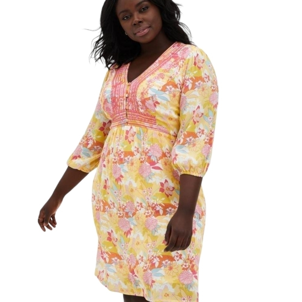 Torrid Yellow Floral Embroidered Pleated‎ Dress 1X
